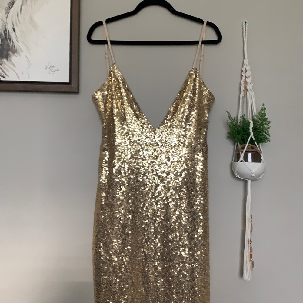 Gold Sequined Prom Dress with Train